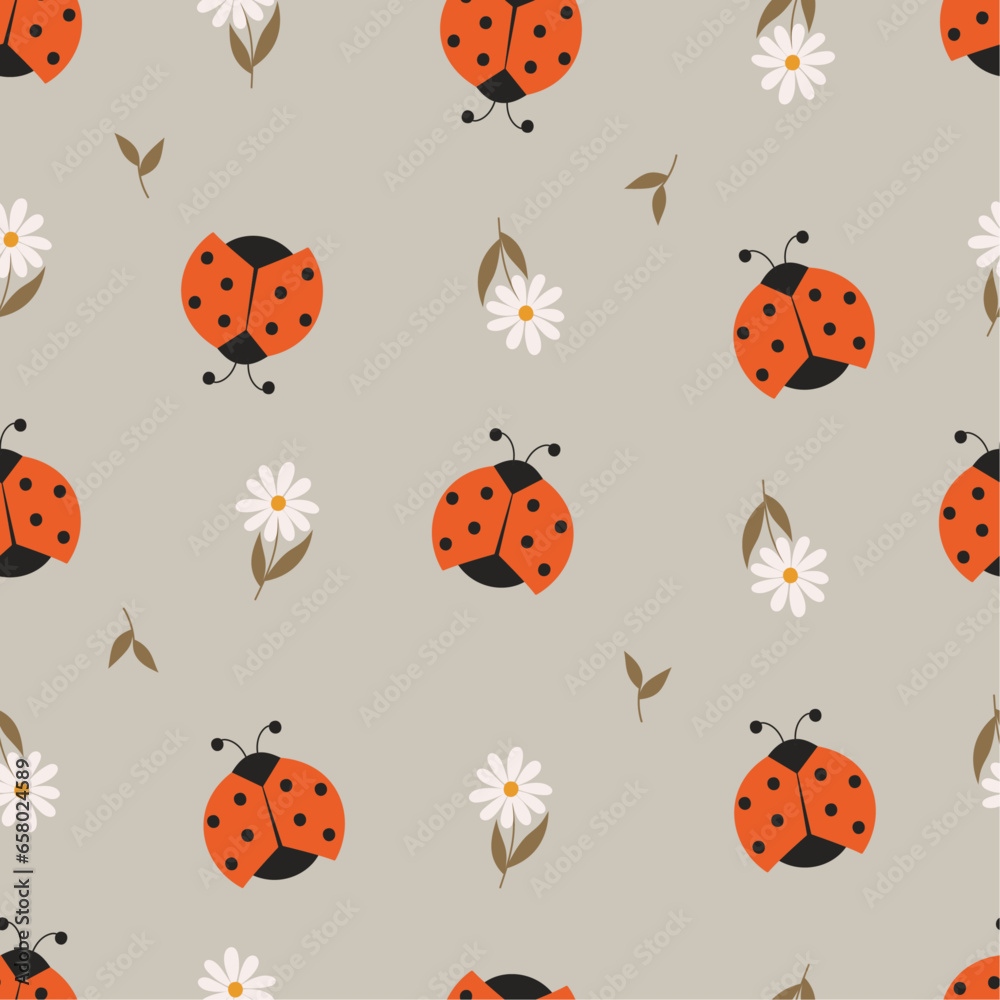 Red beetles and daisy seamless pattern. Cartoon ladybug with floral on a beige background. Modern summer design for cover, packaging, stationery. Abstract vector illustration of insects.