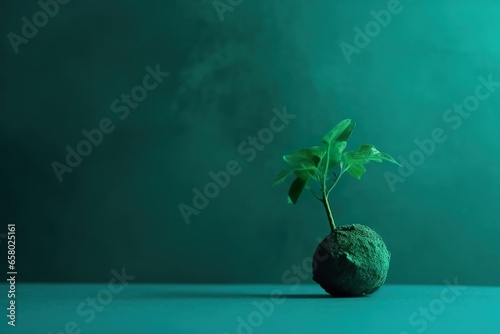 Globe and green plant on green background with copy space