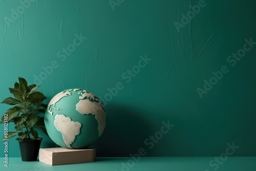 Globe and green plant on green background with copy space
