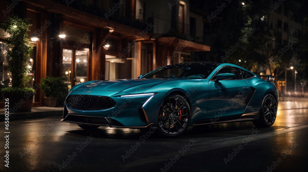 Luxury futuristic blue sports car at night on the street