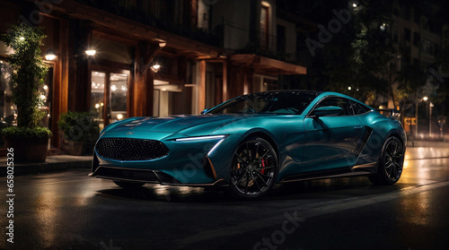 Luxury futuristic blue sports car at night on the street © Meena