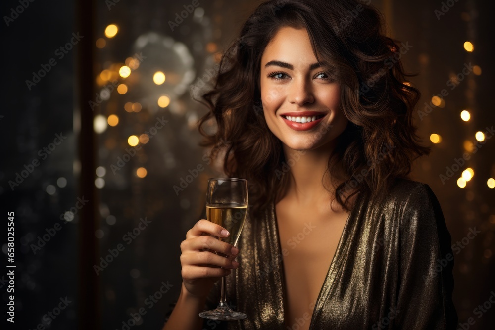 Beautiful young woman with glass of champagne on the background of Christmas lights