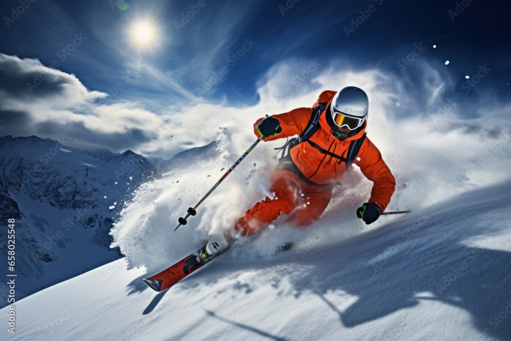 Skier skiing downhill in high mountains at sunny day. Skier skiing downhill in high mountains at sunny day.