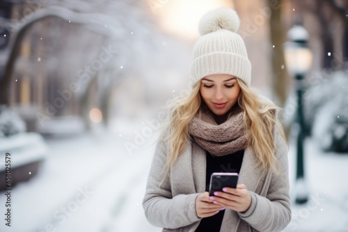 Beautiful young woman using mobile phone in winter city. Winter fashion. © TheCatEmpire Studio