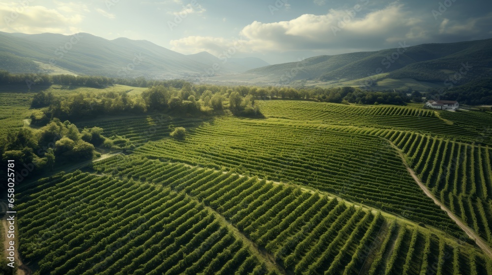 Generative AI Vineyards aerial view. The concept of agriculture and winemaking. Beautiful natural view of the green rows of vineyards. Blue sky with clouds.