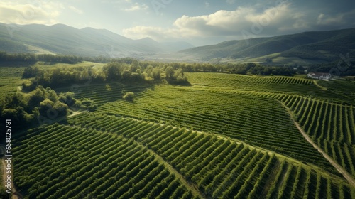 Generative AI Vineyards aerial view. The concept of agriculture and winemaking. Beautiful natural view of the green rows of vineyards. Blue sky with clouds.