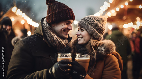 The young couple has a date at the snowy Christmas market and enjoys drinks together.