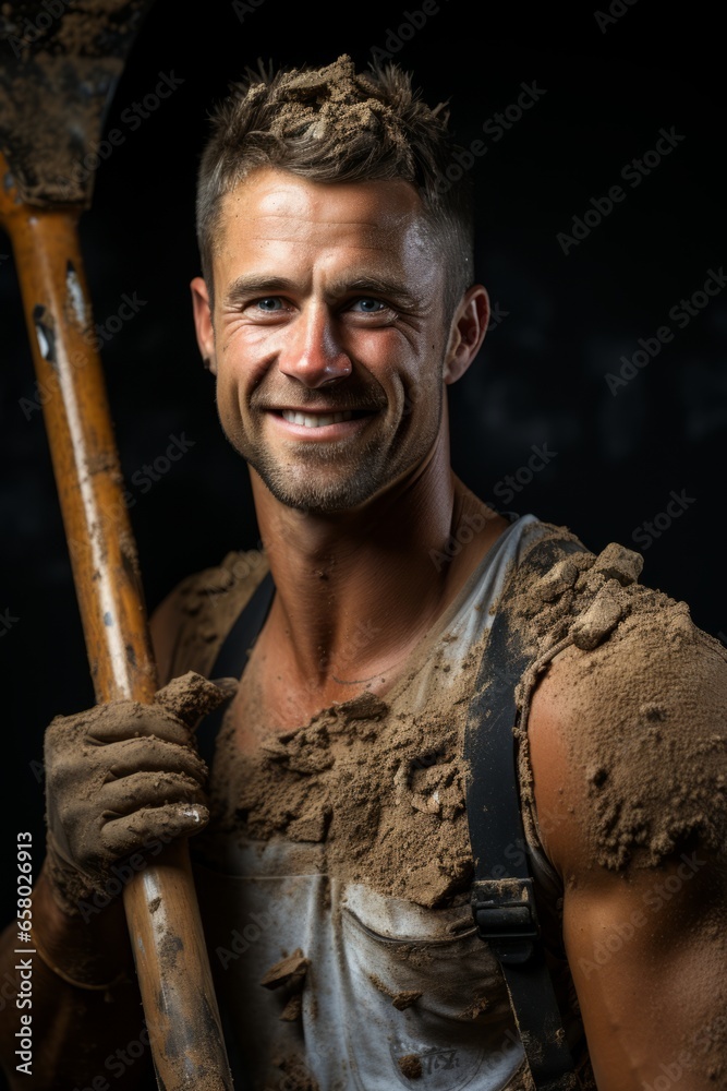 Young man carrying out demolition work with a sledgehammer at a construction site, Generative AI Young man carrying out demolition work with a sledgehammer at a construction site, Generative AI