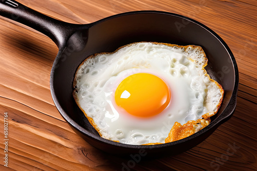 fried egg in hot pan on woodle background photo