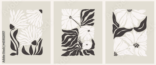 Flower Market poster, print Set. Trendy abstract botanical wall arts with floral design in earth tone colors. Modern naive groovy funky interior decorations, paintings. Vector art illustration.