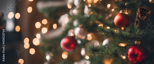 Festive Splendor: Christmas Tree Decorations Illuminate a Warm Holiday Setting with Diverse Ornaments and Joyful Atmosphere.