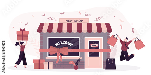 Ribbon with bow on storefront, grand opening ceremony. promotion campaign to attract customers in new shop. happy clients with gifts and shopping bags. Store grand open event