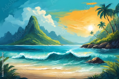 Illustrated Tropical Ocean Lagoon Peaceful Banner Background Wallpaper