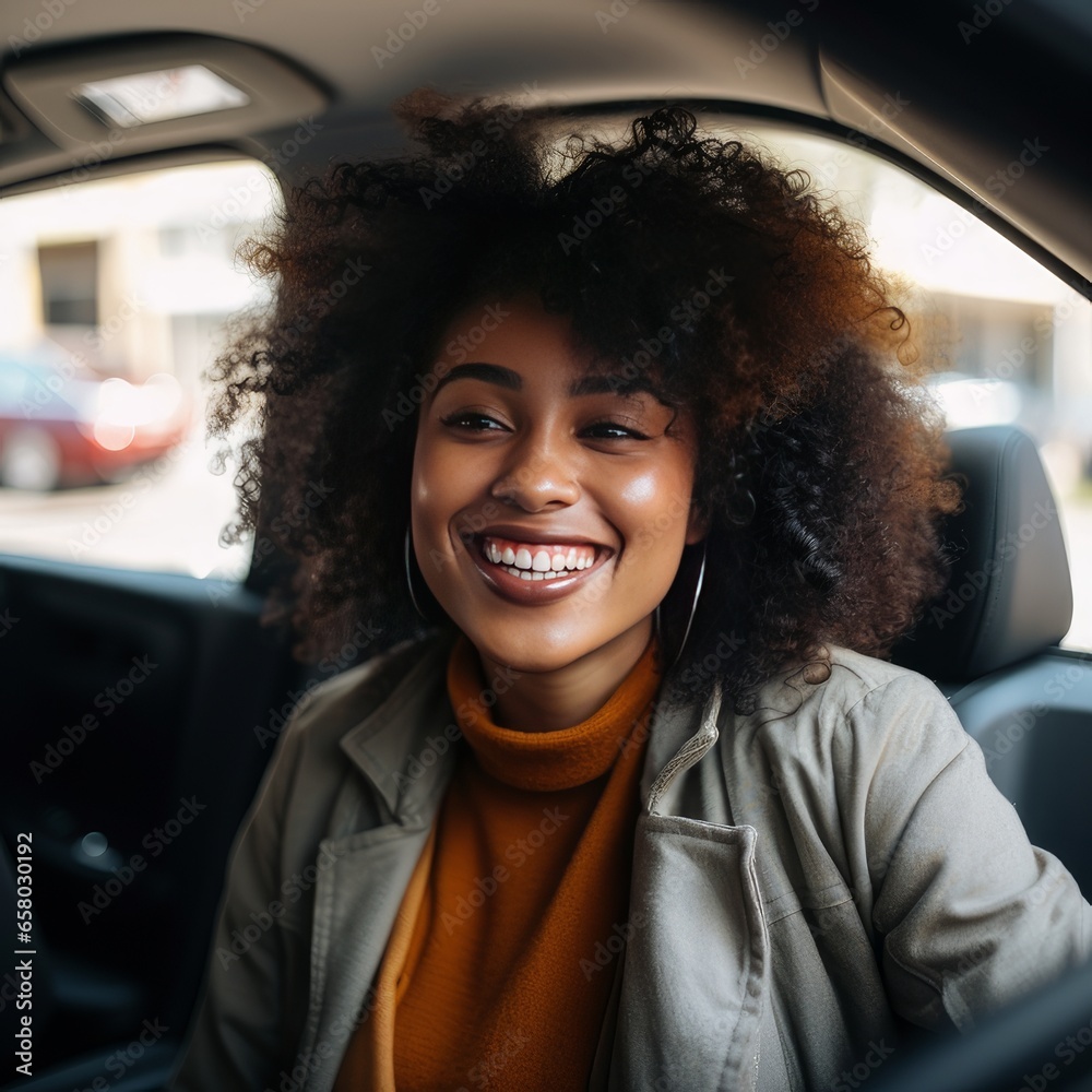 A young, curly-haired, dark-skinned girl is happily riding in a car. The student travels by car. A young, curly-haired, dark-skinned girl is happily riding in a car. The student travels by car.