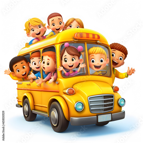 Vibrant 3D School Bus Clip Art with Happy Children, Realistic and Detailed, on Isolated White Background.