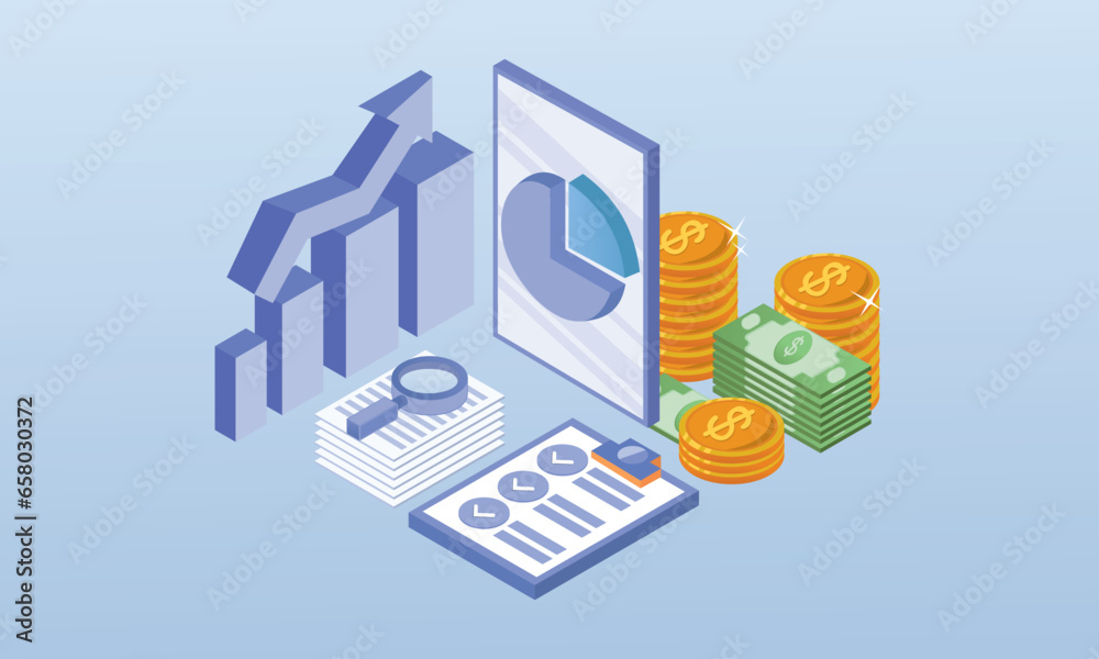 Check data from your smartphone with infographic charts.on blue background.3D design.isometric vector design Illustration. Check data from your smartphone with infographic charts.on blue background.3D design.isometric vector design Illustration.