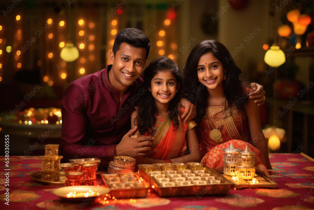 Indian family celebrating diwali festival. Indian family celebrating diwali festival.