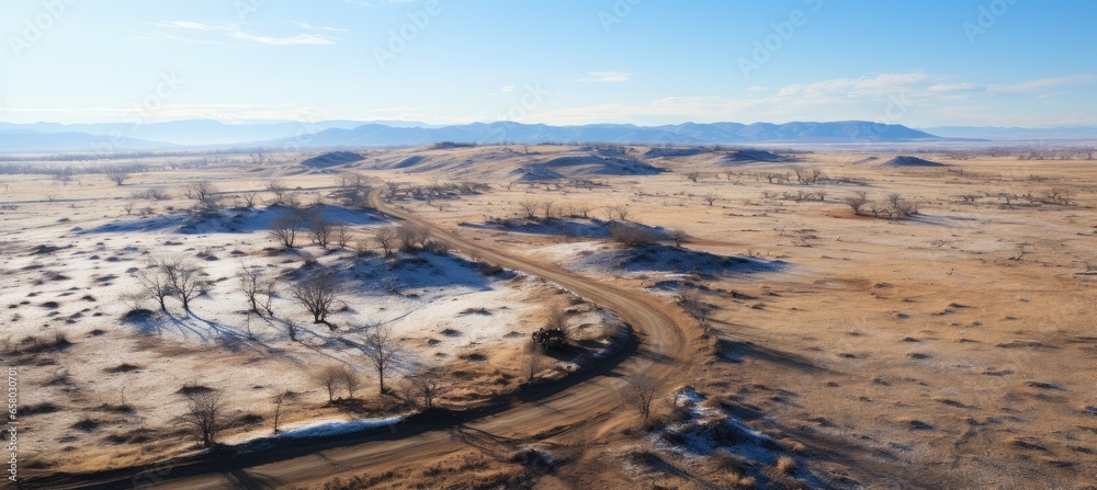 Panoramic desert road after winter season. Generative AI technology.