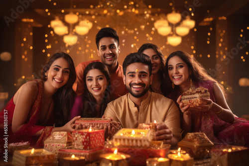 Indian people celebrating diwali festival together at home