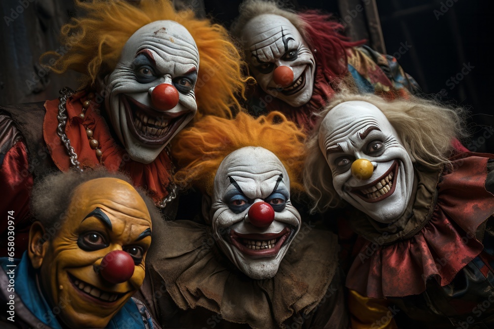 A group of weird, happy clowns. A group of weird, happy clowns.