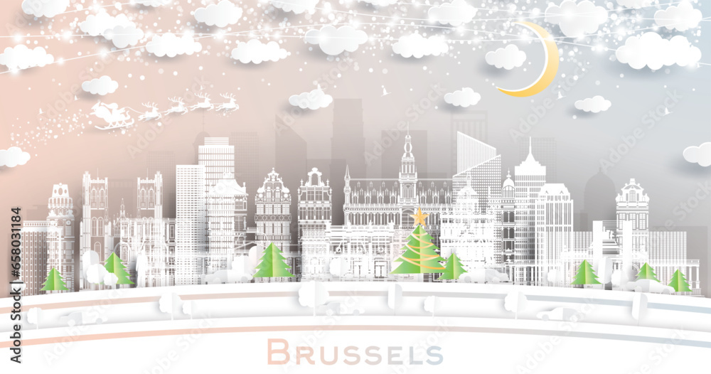 Brussels Belgium. Winter City Skyline in Paper Cut Style with Snowflakes, Moon and Neon Garland. Christmas and New Year Concept. Brussels Cityscape with Landmarks.