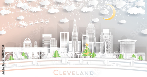 Cleveland Ohio USA. Winter City Skyline in Paper Cut Style with Snowflakes, Moon and Neon Garland. Christmas and New Year Concept. Cleveland Cityscape with Landmarks.