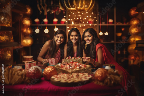 Three indian women celebrating diwali festival at home