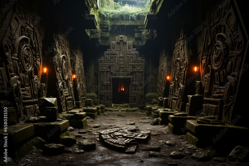  Ancient burial chamber with intricate tomb decorations, Generative AI