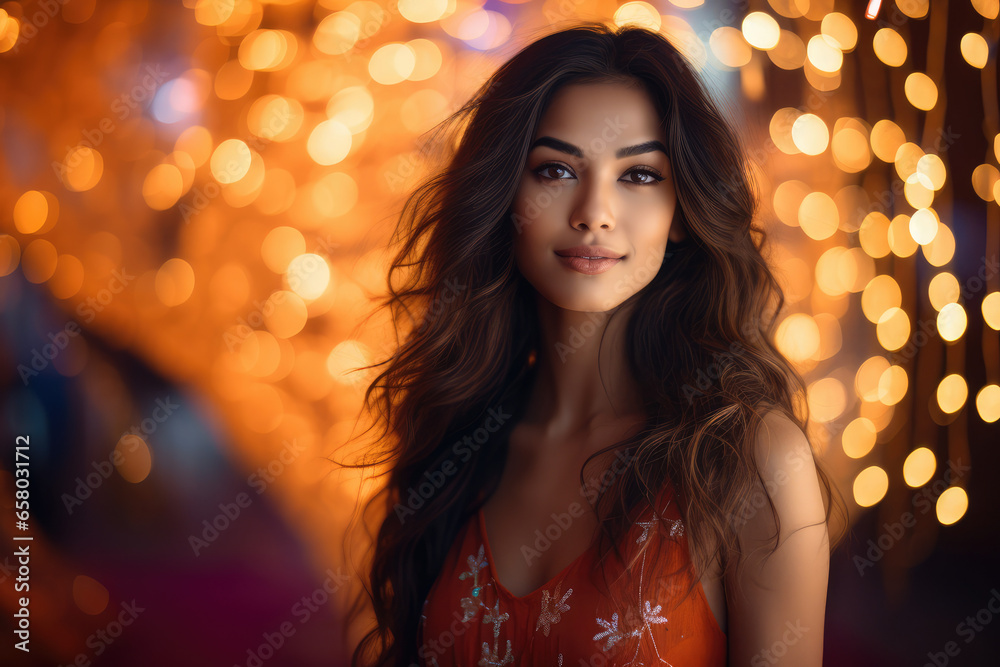 a beautiful Indian woman in a colorful dress with lights around