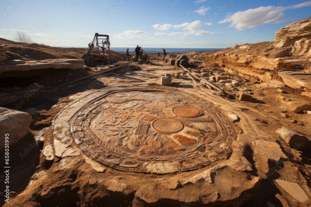 Ancient mosaic floor uncovered during an archaeological excavation, Generative AI