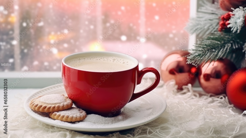 Hot drink in red cup on table near window view with snowy in winter season,New year and Christmas day. Generative Ai Hot drink in red cup on table near window view with snowy in winter season,New year and Christmas day. Generative Ai