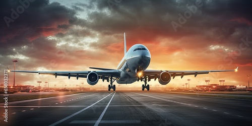 Sunset departure. Modern airplane taking off at airport. Aviation adventure. Jet plane ready for takeoff. Passenger flight at sunrise. Business travel. Airliner on runway photo