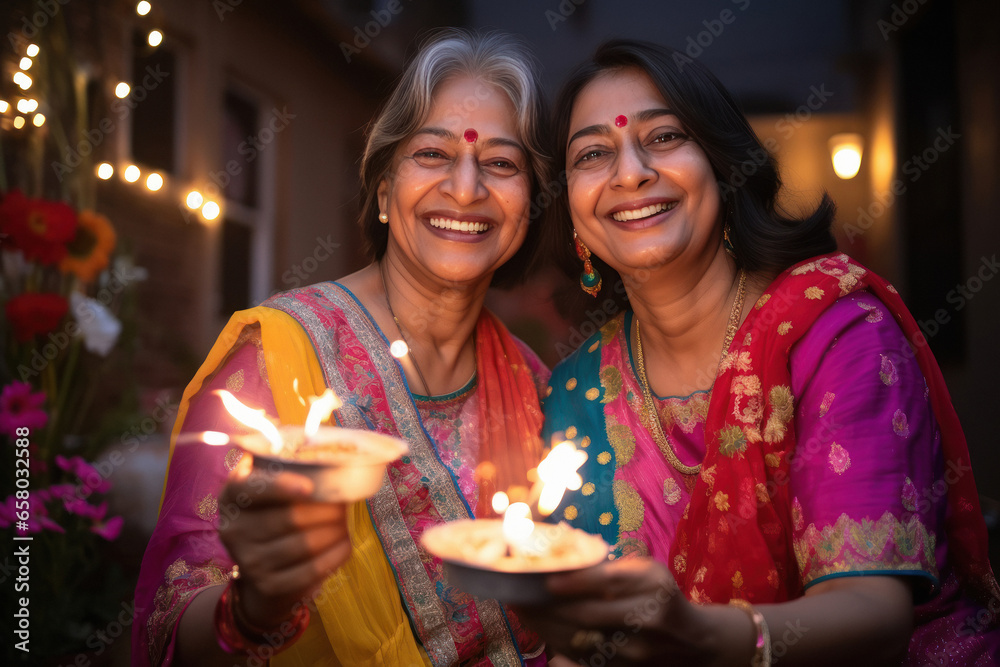 Indian senior women celebrating diwali festival.