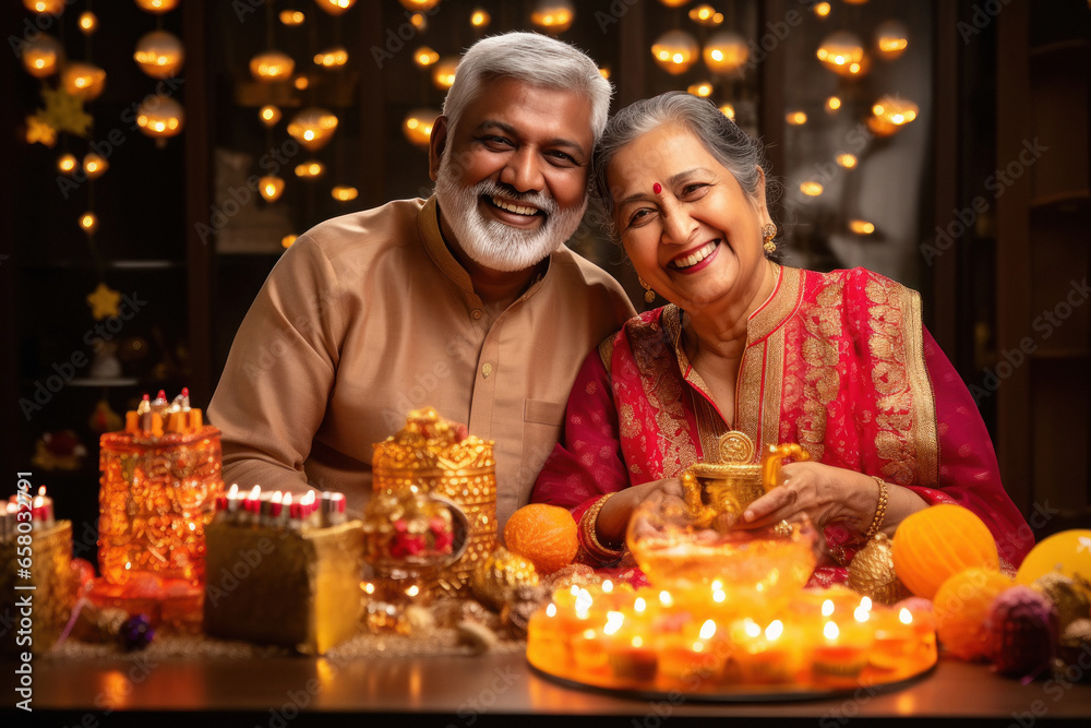 Indian senior couple celebrating the festival of Diwali Indian senior couple celebrating the festival of Diwali
