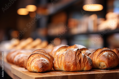 close up of a bakery shelf, with blurred background