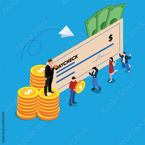 Employees with paycheck - salary and payroll 3d vector illustration concept for banner, website, illustration, landing page, flyer, etc