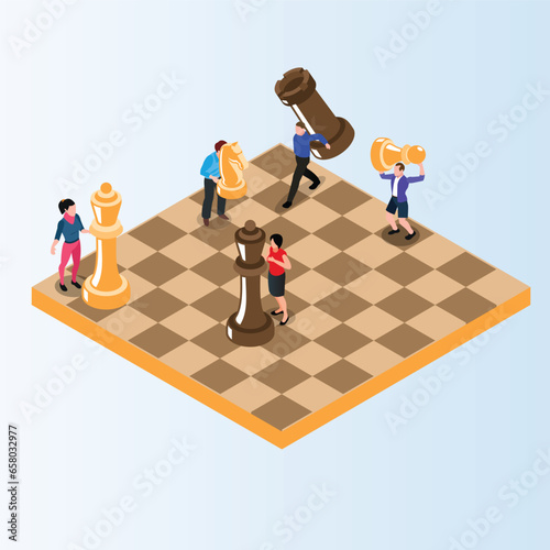 Team of diverse man and woman playing giant chess together 3d vector illustration concept for banner, website, illustration, landing page, flyer, etc photo