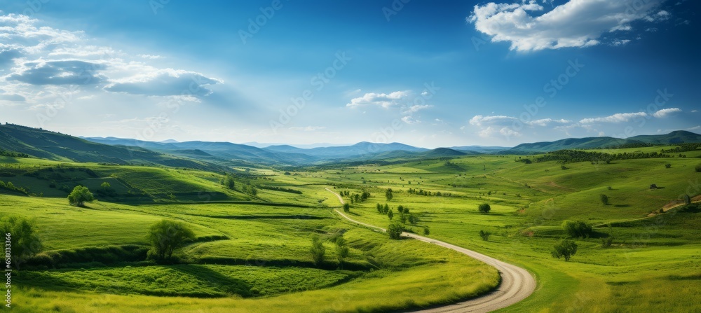 Countryside road between green hills panoramic landscape. Generative AI technology.