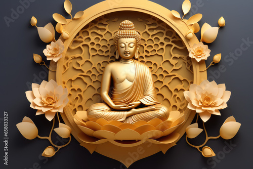 buddha and glowing lotuses flower with gold style on color background