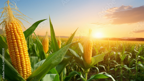 Corn cobs in corn plantation field with sunrise background. AI Generative.