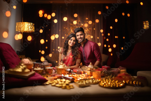 indian couple celebrating diwali festival.