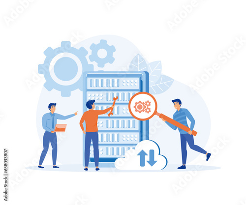 a team doing maintenance and repairs on a server device. server admin, database management staff. flat vector modern illustration