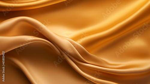 Silk, satin ocher fabric. Yellow ocher satin. Ocher color shiny silky smooth fabric. Soft wavy folds. Elegant background with space for design. Bright, light, banner. Flat lay, top view table, templat