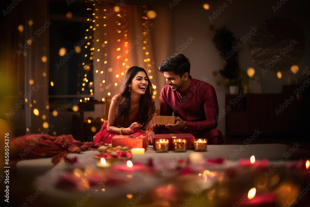 indian couple celebrating diwali festival. - obrazy, fototapety, plakaty 