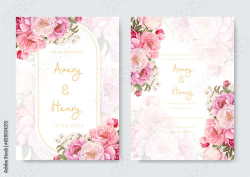 Wedding invitation template with beautiful pink floral watercolor