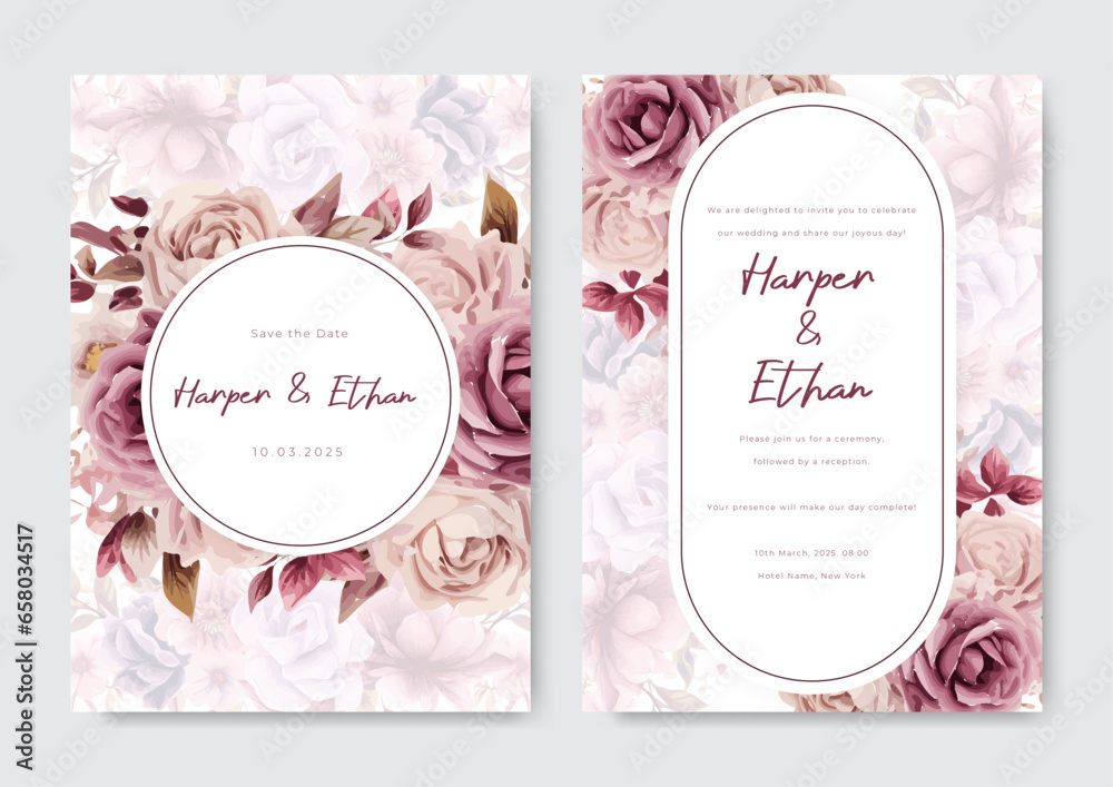 Wedding invitation template with elegant purple flower decoration