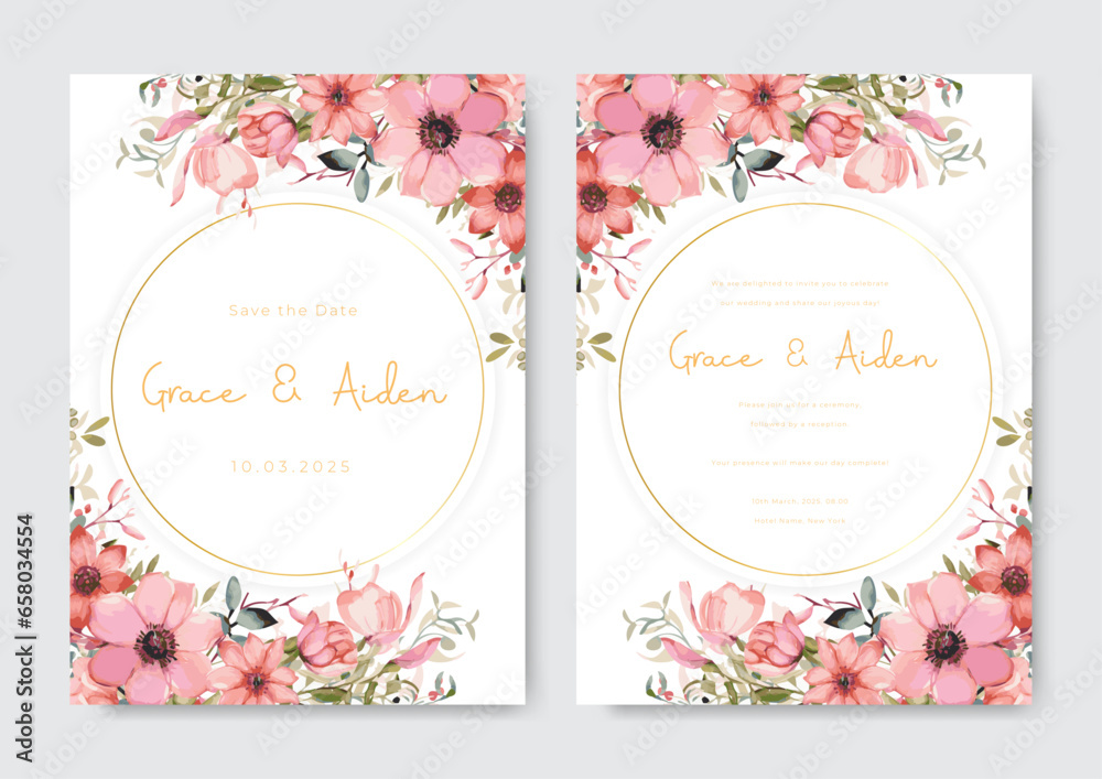 Wedding invitation template with pink watercolor floral