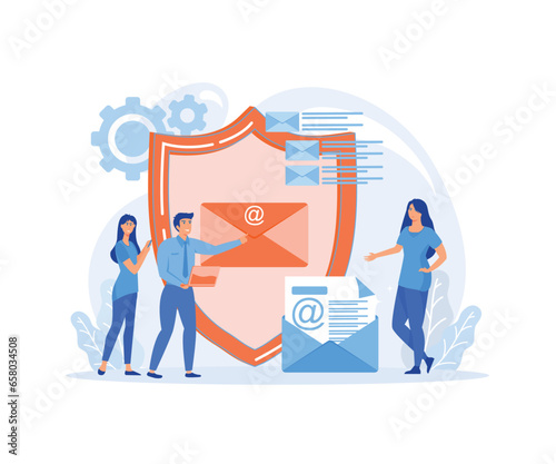 Encrypted, secure messenger concept.  People stand near big shield, email letters, messages. flat vector modern illustration