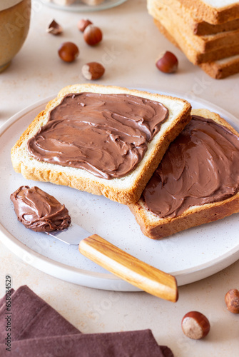 Sandwich with chocolate paste . Breakfast. Vegetarian food.