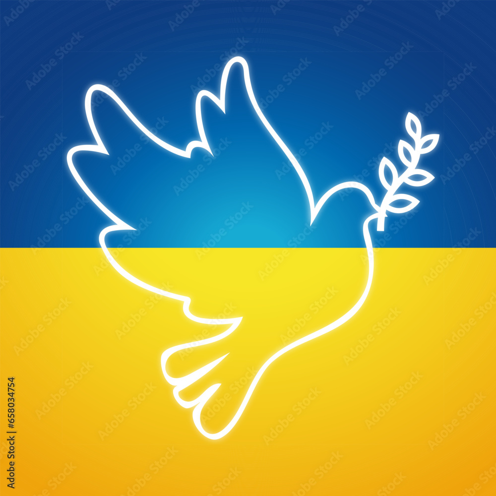 Fototapeta premium Peace dove luminous contour silhouette on the background of the Ukrainian flag. Symbol of peace and freedom, support for Ukraine